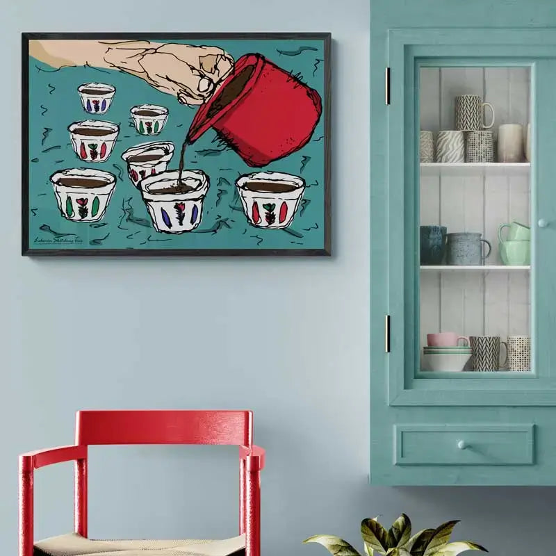 Framed Lebanese artwork of a hand pouring coffee from a red rakwe in small shaffe coffe cups. Lebanese coffee poster in landscape format