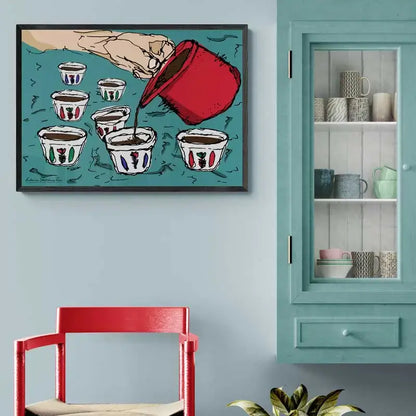 Framed Lebanese artwork of a hand pouring coffee from a red rakwe in small shaffe coffe cups. Lebanese coffee poster in landscape format