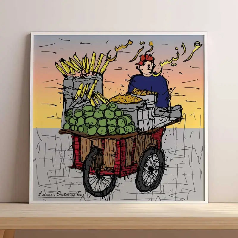 Lebanese Street poster of the corn vendor, part of our Lebanese Art Prints collection and souvenirs, square format
