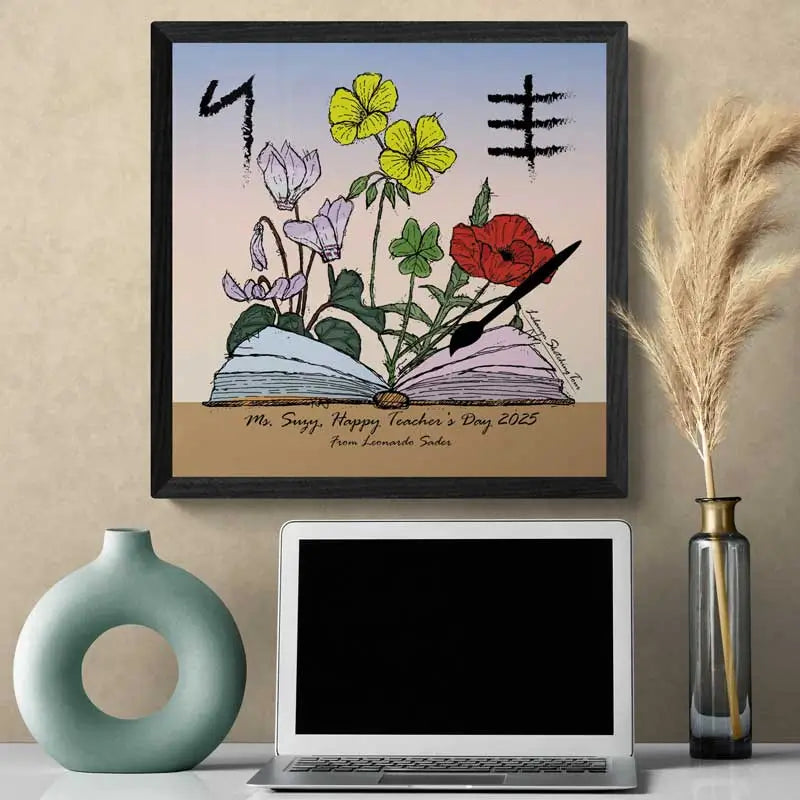 Teacher's Day gift ide poster with an open book with a paint brush and on the background Lebanese flowers that bloom around teacher's day date as well and their initials written in Phoenician letters
