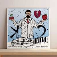 A Customized poster for a future doctor holding the apples of his village Baskinta on one hand and on the other cherries of his home garden in square format