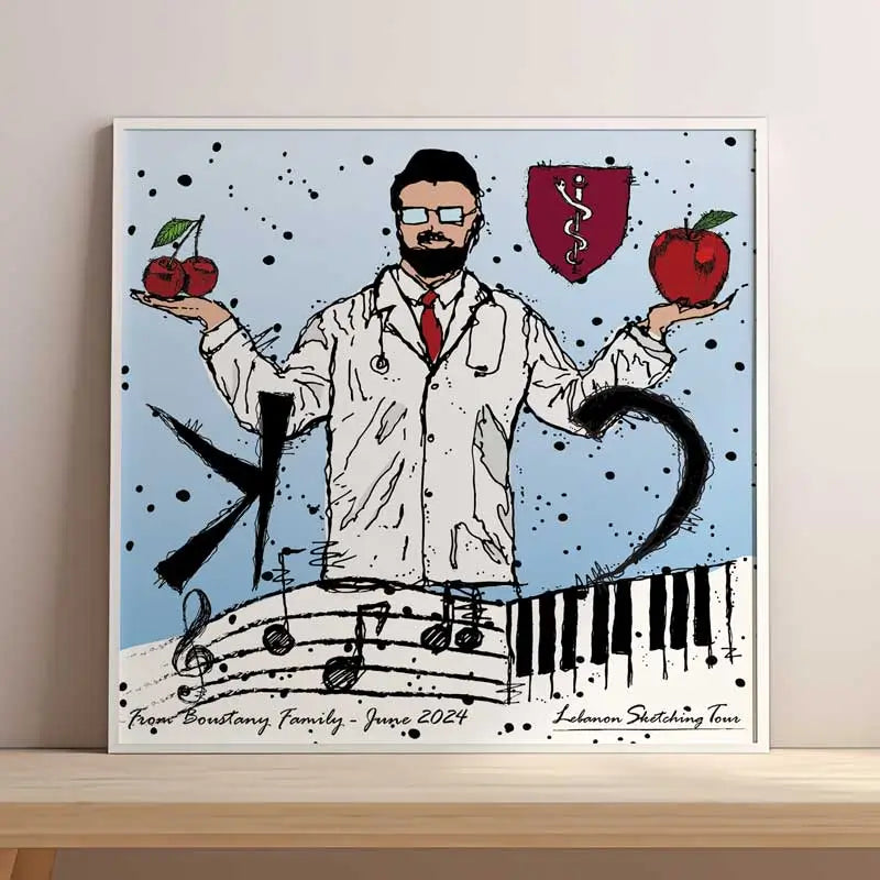 A Customized poster for a future doctor holding the apples of his village Baskinta on one hand and on the other cherries of his home garden in square format