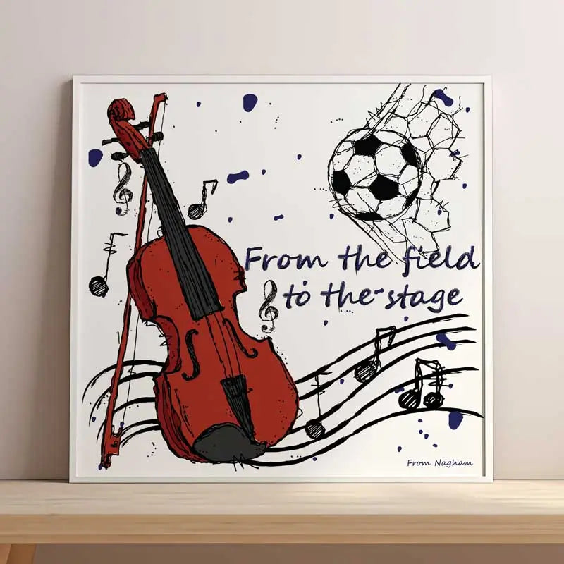 Framed artwork with a violin, soccer ball, and musical notes on a white background.
