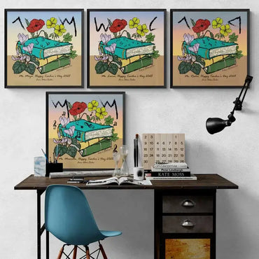 Custom made poster of Teacher's Day gift with stacked books and Lebanese flowers as a background and the teacher's initials in Phoenician letter. Lebanese poster in square format