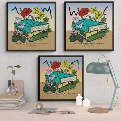 Custom made poster of Teacher's Day gift with stacked books and Lebanese flowers as a background and the teacher's initials in Phoenician letter. Lebanese poster in square format