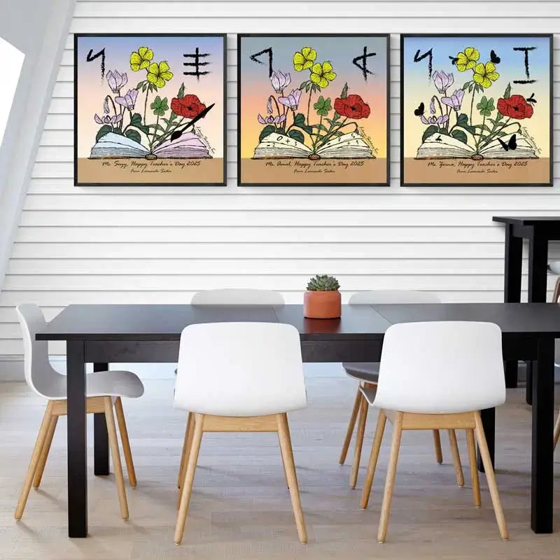 Teacher's Day gift ide poster with an open book and on the background Lebanese flowers that bloom around teacher's day date as well and their initials written in Phoenician letters