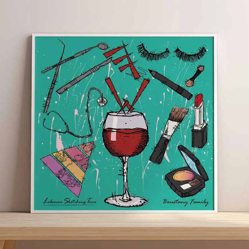 A personalized poster for a makeup artist, showing a glass of whine, beauty tools and her kids careers (nutrition, doctor, sergeant). A customized gift idea. 