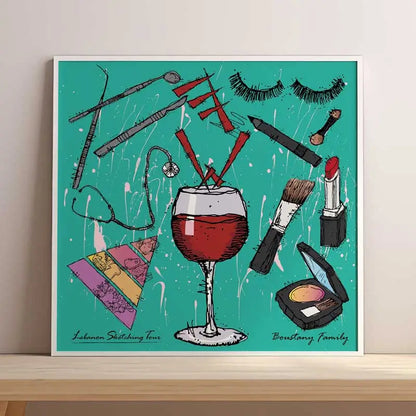 A personalized poster for a makeup artist, showing a glass of whine, beauty tools and her kids careers (nutrition, doctor, sergeant). A customized gift idea. 
