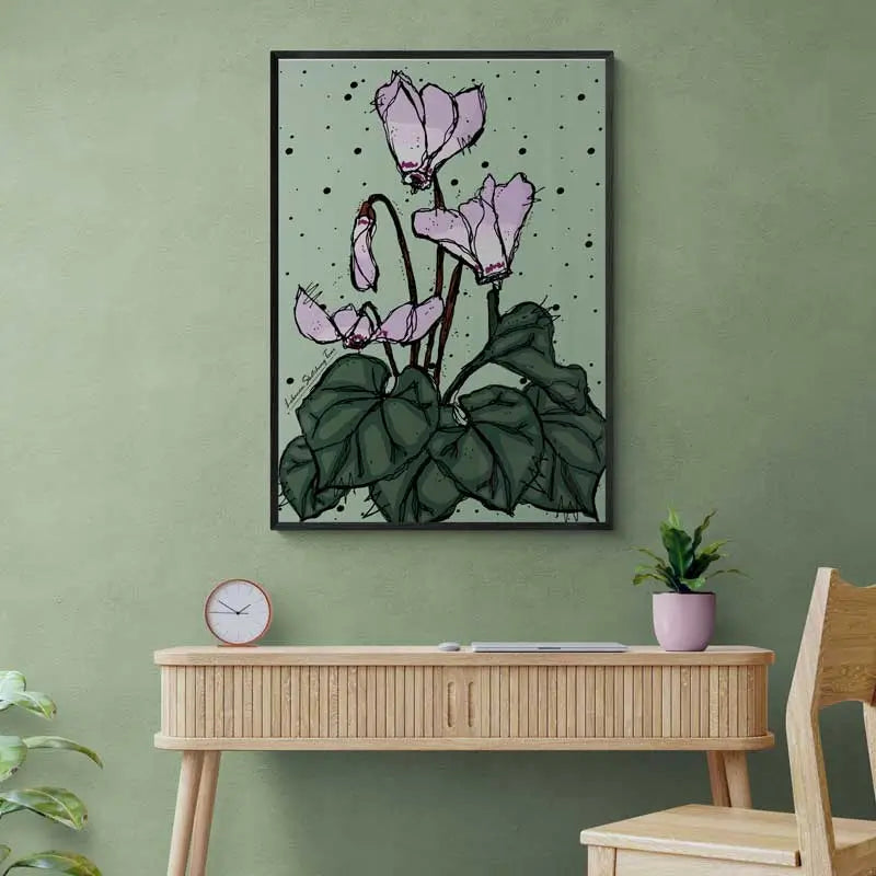 Lebanese flower poster of the cyclamen, Lebanon flower print in portrait format.