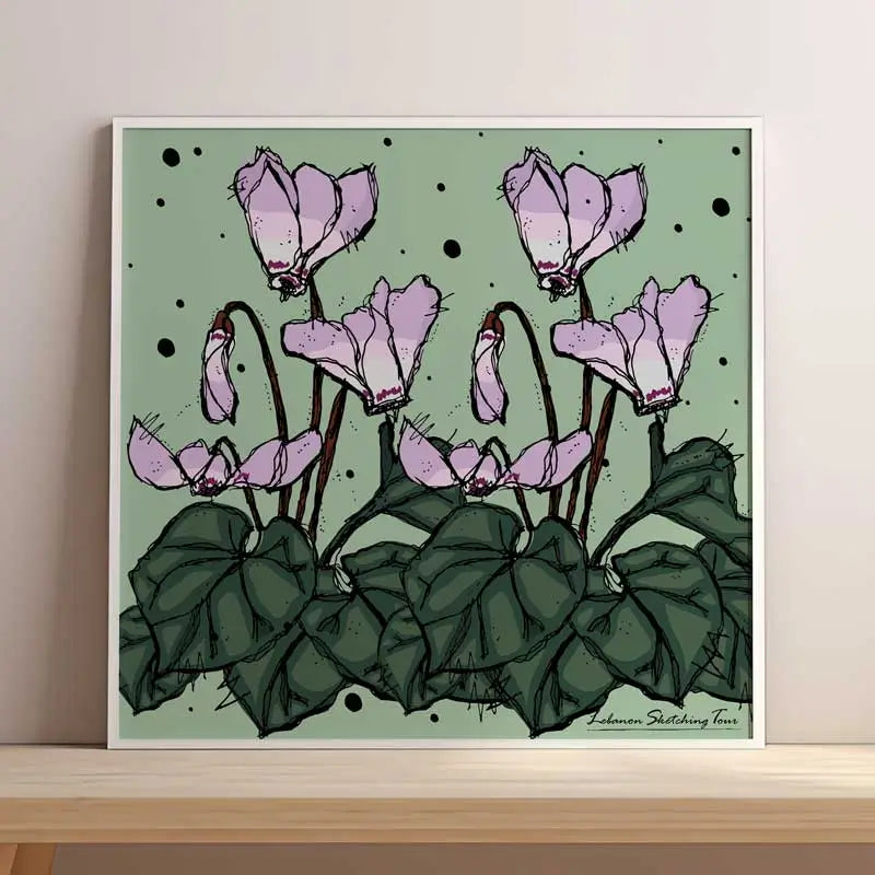 Lebanese flower poster of the cyclamen, Lebanon flower print in square format.