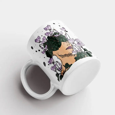motivational mug quote for women with a woman portrait sketched with cyclamen flowers. A gift mug for women on women's international day