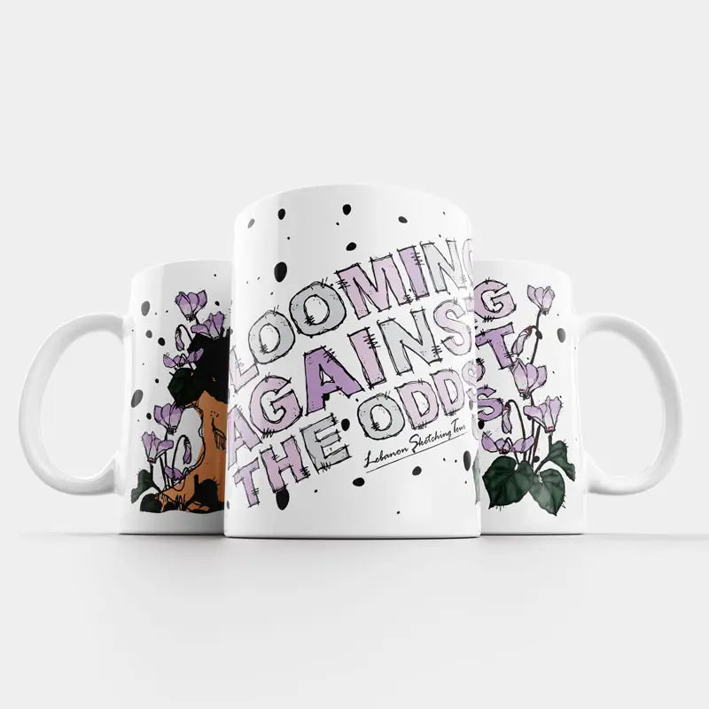 motivational mug quote for women with a woman portrait sketched with cyclamen flowers. A gift mug for women