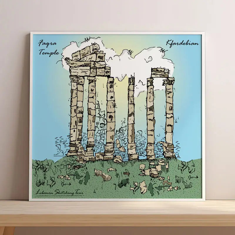 Faqra Temple, sketched and colored on a frame in a living room, temple prints wall art