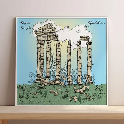Faqra Temple, sketched and colored on a frame in a living room, temple prints wall art