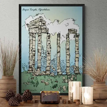 Faqra Temple, sketched and colored on a frame on a table, temple prints wall art