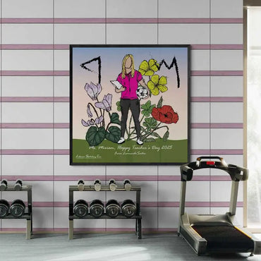 Framed illustration of the female sport teachers holding a ball and a chart with Lebanese flowers blooming on the background and her initials in Phoenician letters