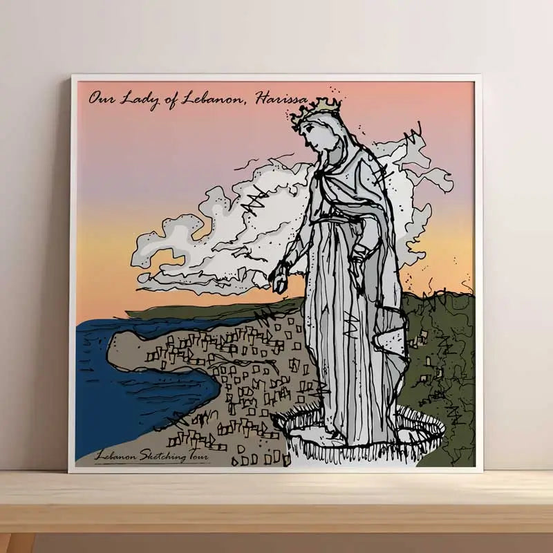 Lebanese Religious Poster of Harissa, Jounieh with the city's background and the sunset in square format Lebanese Artwork