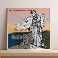Lebanese Religious Poster of Harissa, Jounieh with the city's background and the sunset in square format Lebanese Artwork