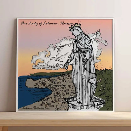 Lebanese Religious Poster of Harissa, Jounieh with the city's background and the sunset in square format Lebanese Artwork