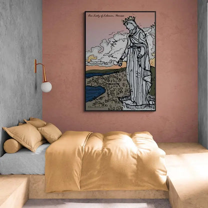 Lebanese Religious Poster of Harissa, Jounieh with the city's background and the sunset in portrait format Lebanese Artwork