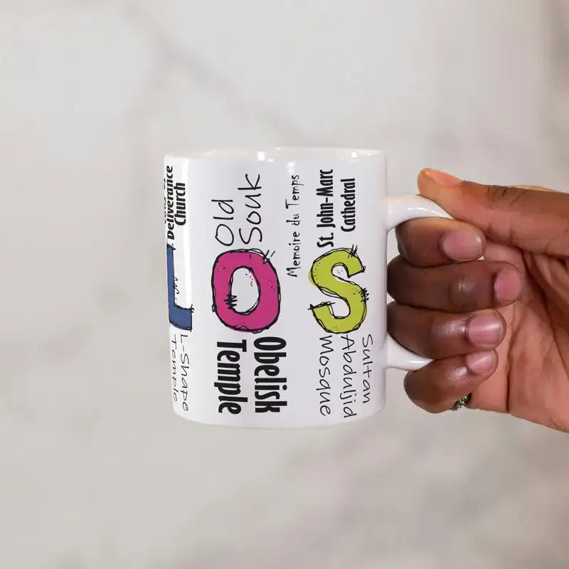 Byblos calligraphy gift mug, Lebanese mug souvenir (left side)