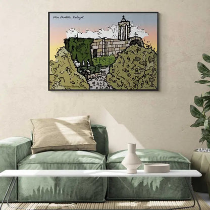 Framed Lebanese religious poster of Mar Challita in Kobayat North Lebanon in landscape format.