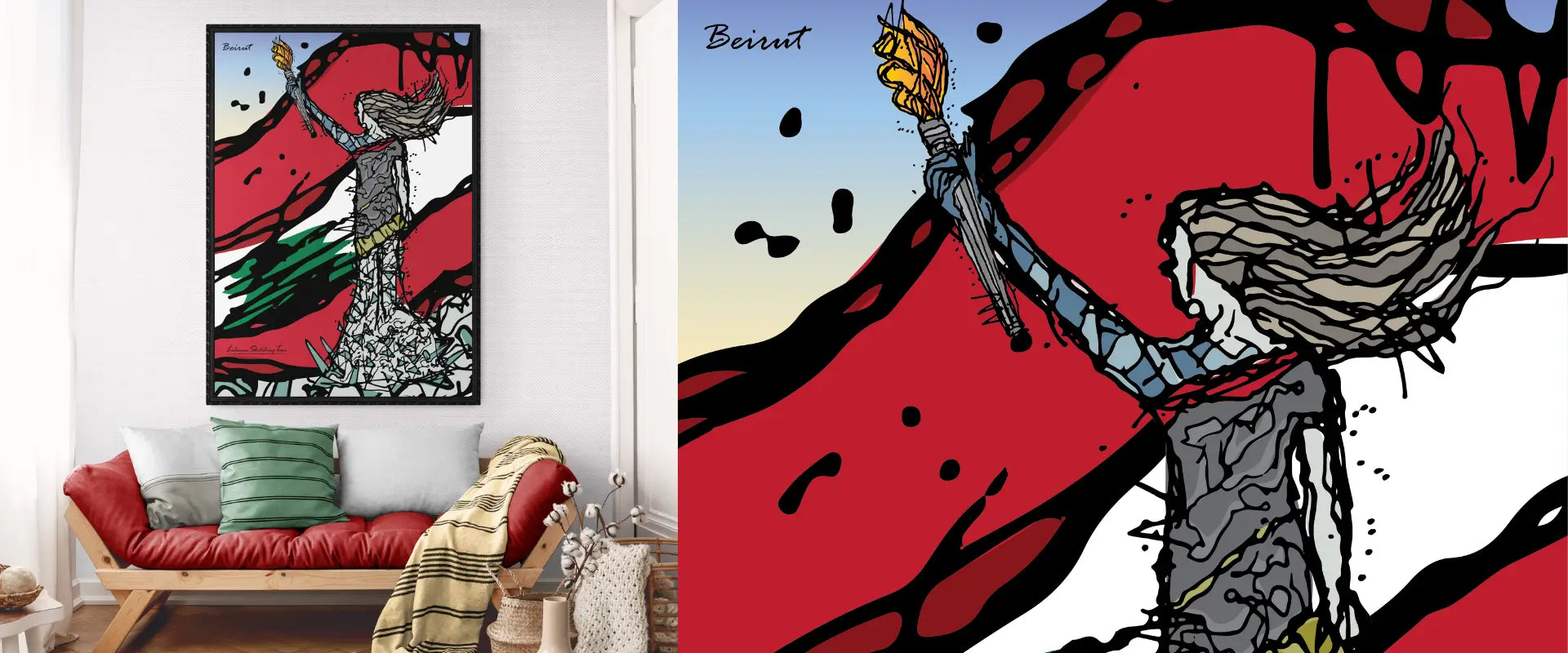 Living room with a couch and pillows, featuring a large poster of the Lady of the port, Beirut with the Lebanese flag as a background, and next to it a zoom in into the poster to show the details