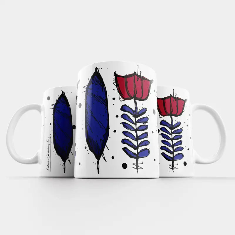 Lebanese coffee flower in red and blue on a mug, Lebanese coffee cup design