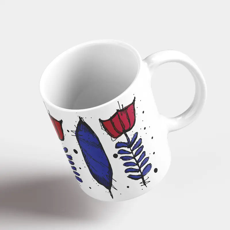 Lebanese coffee flower in red and blue on a mug, Lebanese coffee cup design