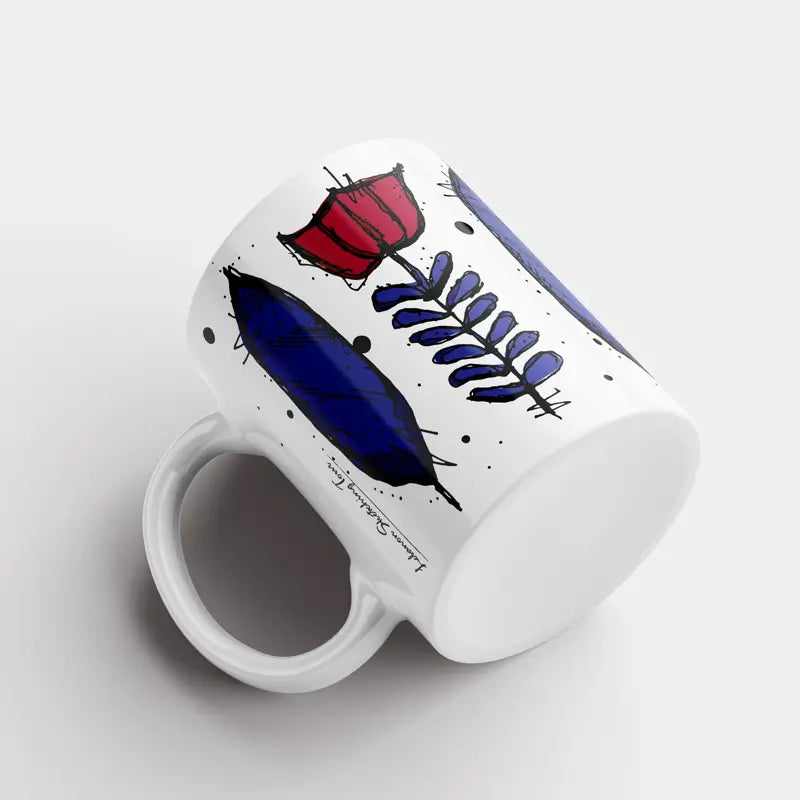 Lebanese coffee flower in red and blue on a mug, Lebanese coffee cup design