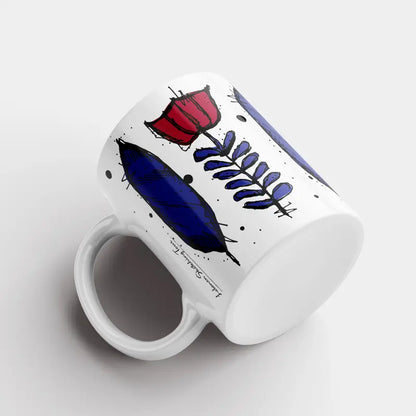 Lebanese coffee flower in red and blue on a mug, Lebanese coffee cup design
