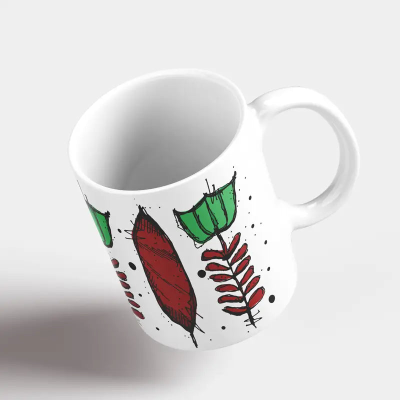 Lebanese coffee cup floral design in red nd green  on a Lebanese mug with a fresh twist