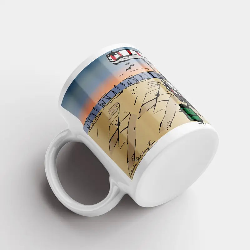 Lebanese mug with a colorful sketch of a cart on the corniche on a sunset. Lebanese mug gift