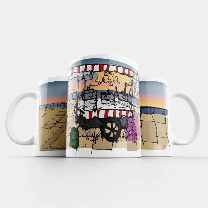 Lebanese mug with a colorful sketch of a cart on the corniche on a sunset. Lebanese mug gift set