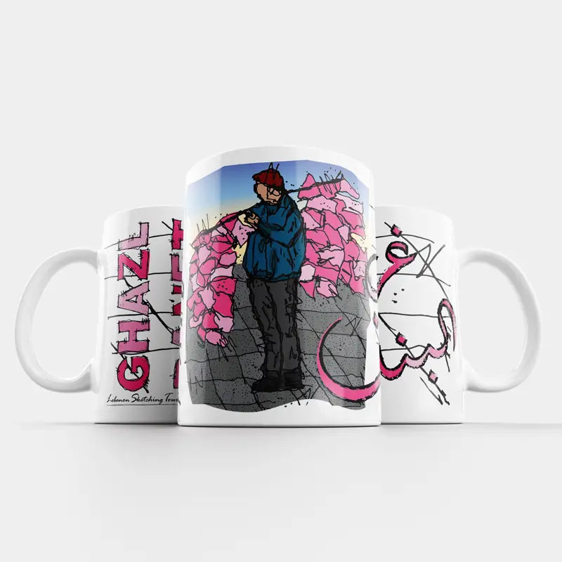 Sketch of the pink cotton candy vendor on a Lebanese mug souvenir