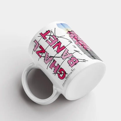 Lebanese gift mug of Ghazel el banet in latin letters in pink font and black sketchy font