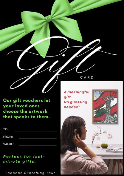 Lebanese gift card with a green bow and text about personalized artwork gift vouchers.