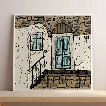 Framed artwork of a Lebanese sandstone house, with blue door and window. Lebanese poster in square format