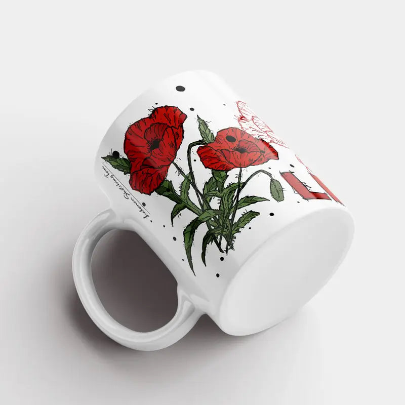 red poppy sketched on a mug