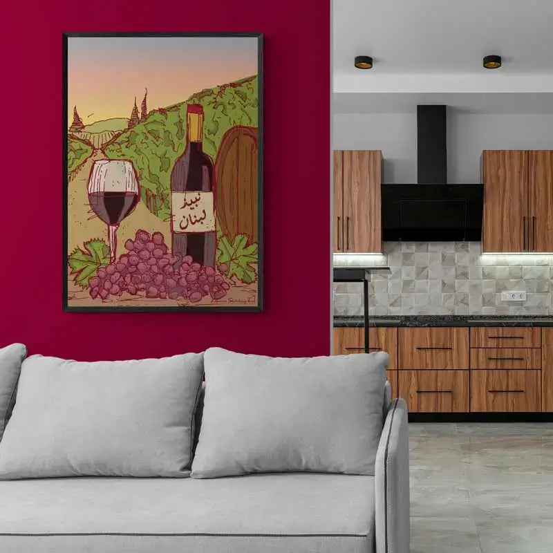 Framed sketch poster of a wine bottle, written in Arabic letters "Lebanese Wine" and next to it a cup filled of red wine and as a background the Beqaa field of grapes.