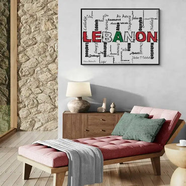 Lebanese calligraphy poster of Lebanon's cities and villages in words. Lebanon poster landscape format 2