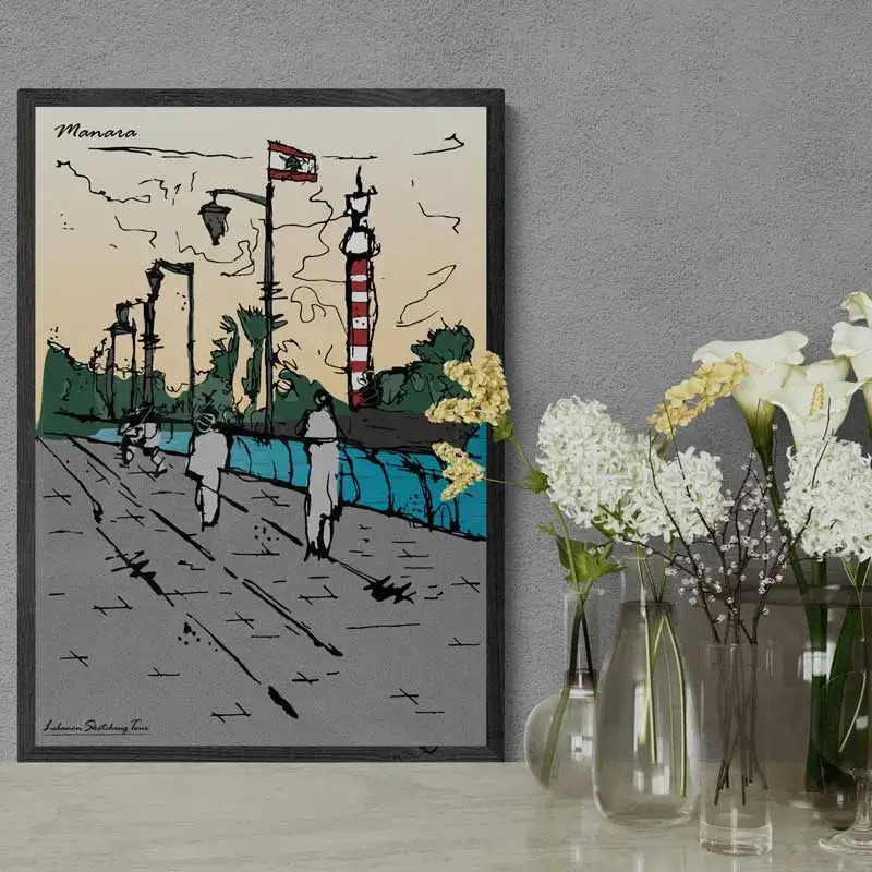 Framed artwork of a sketch of a cityscape with people and a lighthouse on a beige background and the Lebanese flag on top, part of our collection from Beirut posters