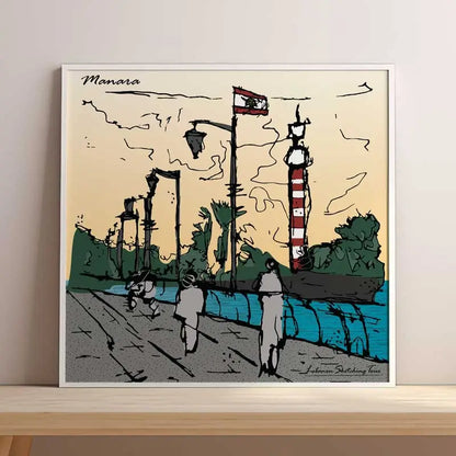 Framed artwork of a sketch of a cityscape with people and a lighthouse on a beige background and the Lebanese flag on top, part of our collection from Beirut posters