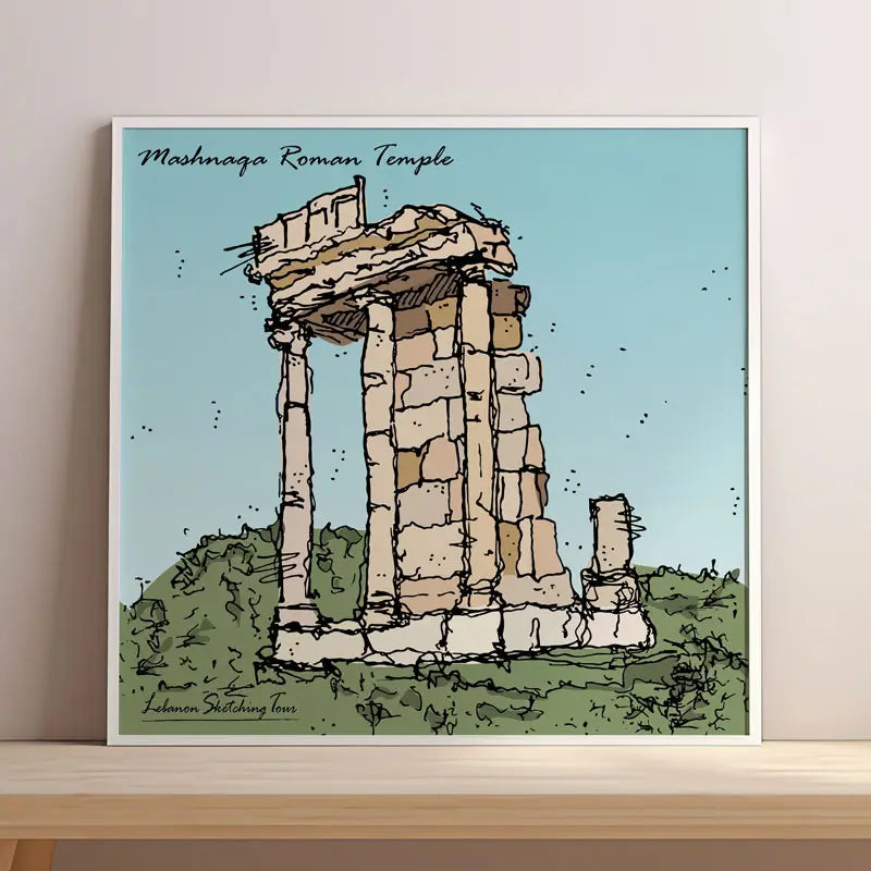Lebanese print of Mashnaqa Roman temple on a light blue background in square print format