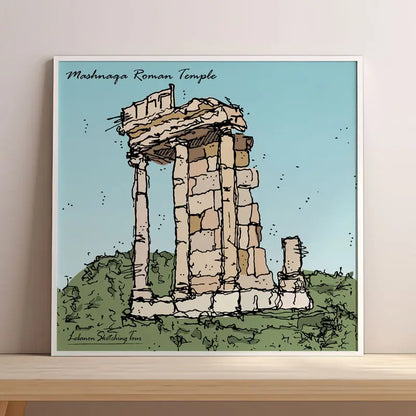 Lebanese print of Mashnaqa Roman temple on a light blue background in square print format