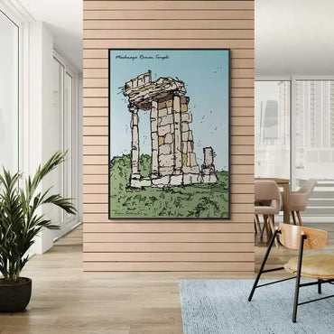 Lebanese print of Mashnaqa Roman temple on a light blue background in portrait print format