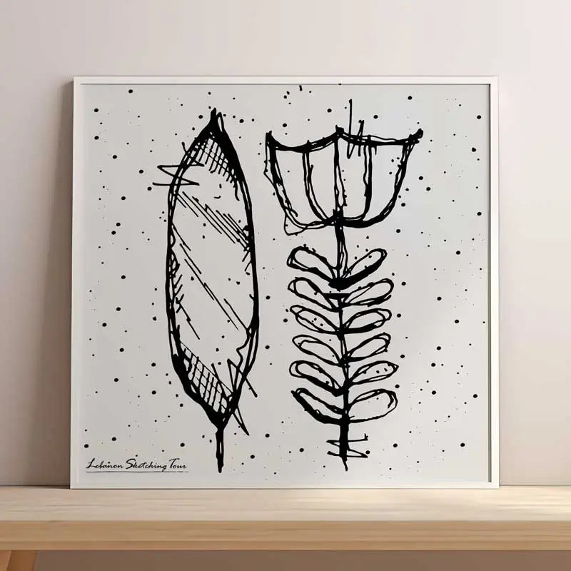 Lebanese coffee shaffe flower sketched in minimalist style in black outline and sift grey background. Lebanese print in square format