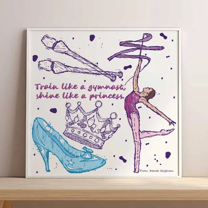 Framed artwork with a gymnast, high heel shoe, and crown illustration on a light background. Customized poster for little girls.
