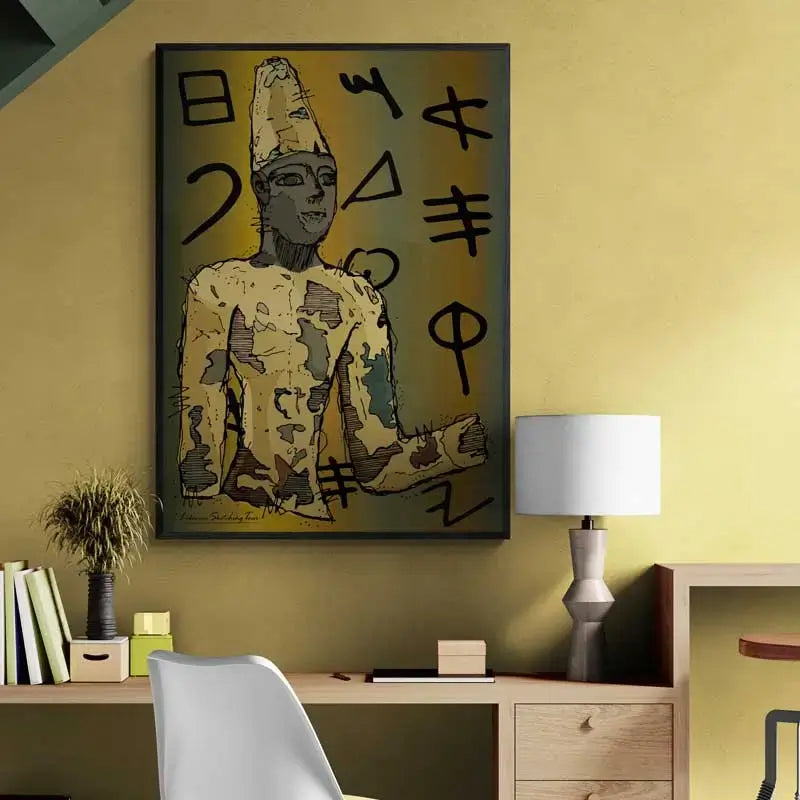 Lebanese heritage poster of the Phoenician statue with Phoenician alphabet as a background, Lebanese poster portrait format