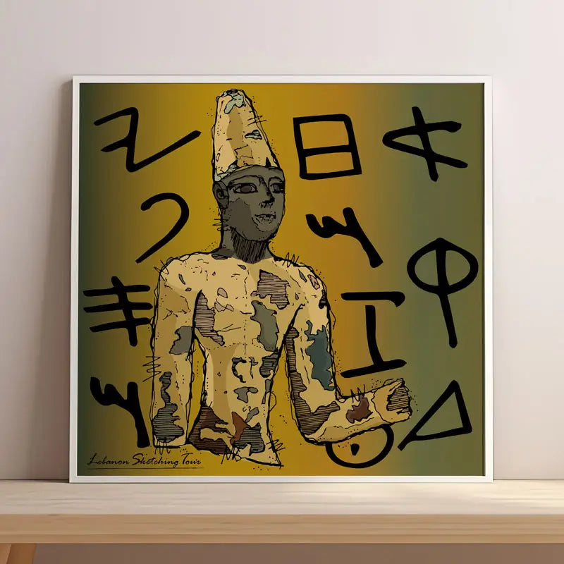 Lebanese heritage poster of the Phoenician statue with Phoenician alphabet as a background, Lebanese poster square format